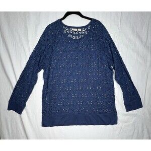 Chicos Noel Novelty Texture Top Sz 3 (XL) Navy Dark Blue Long Sleeve Lacy